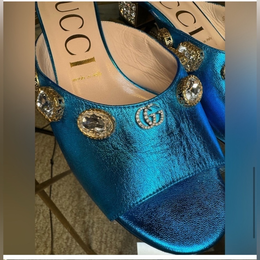 Gucci Metallic Blue Embellished Mules - Picture 8 of 11